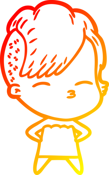 Bir insan tarafından çizilmiş, kıs kıs bakan bir kızın sıcak çizgi çizimi.