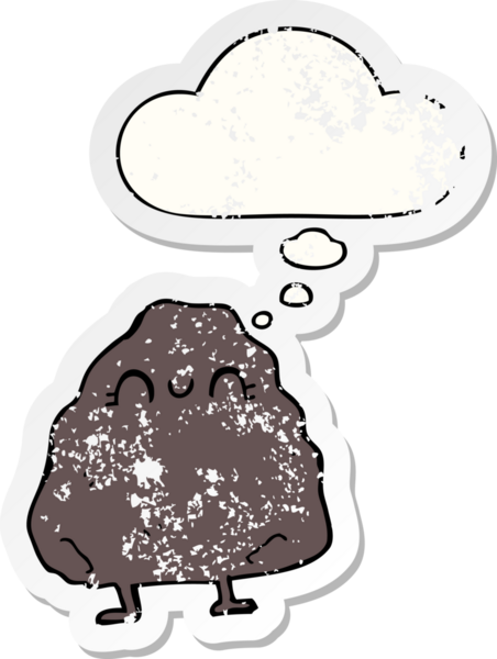 Düşünce baloncuğu olan karikatür taşı, insan tarafından çizilmiş yıpranmış bir çıkartma gibi.