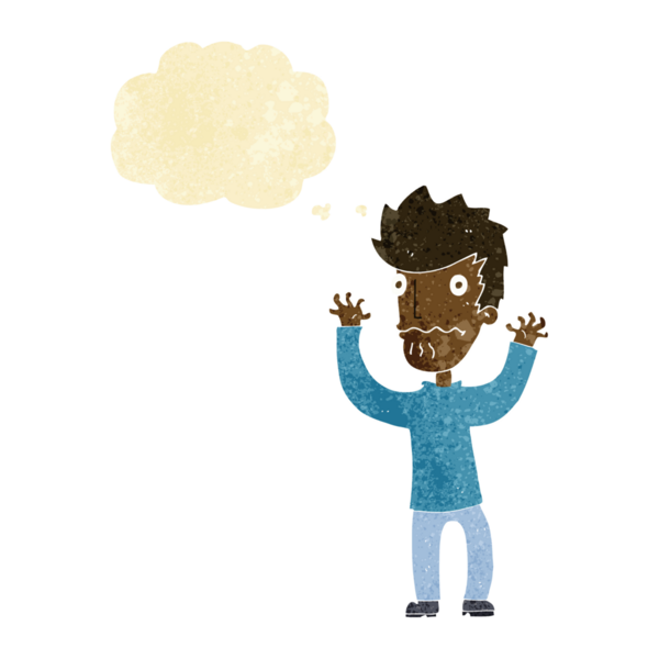 Bir insan tarafından çizilmiş düşünce baloncuğu olan korkmuş bir adam.