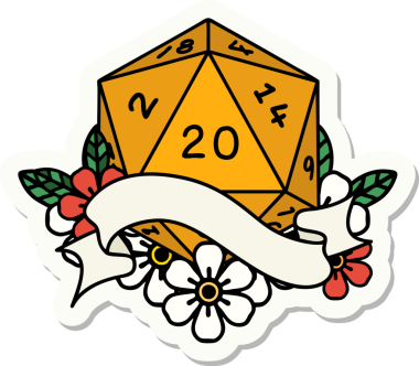 Bir insan tarafından çizilmiş 20 D20 zarının çıkartması.