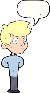 Bir insan tarafından çizilmiş konuşma balonuyla bakan çizgi film çocuğu.