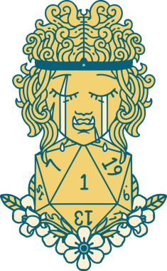 Retro Dövme Tarzı Hüzünlü Ork Barbar Karakter Yüzü Doğal bir D20 ruloyla Bir insan tarafından çizilmiş