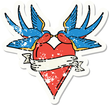 Geleneksel kırlangıç stili bir dövme ve bir insan tarafından çizilmiş bayrağı olan bir kalp.