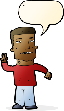 Bir insan tarafından çizilmiş konuşma balonuyla barış işareti yapan çizgi film adamı.