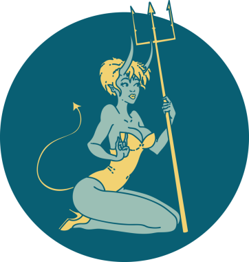 İkonik dövme stili, bir insan tarafından çizilmiş şeytan bir kızın resmi.