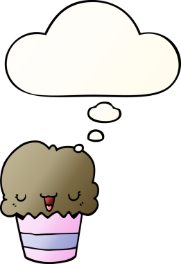 Yüzünde düşünce kabarcığı olan, bir insan tarafından çizilmiş karikatürlü kek.