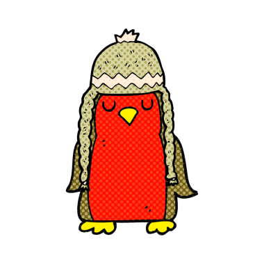 Bir insan tarafından çizilmiş kış şapkası takan robin çizimi.