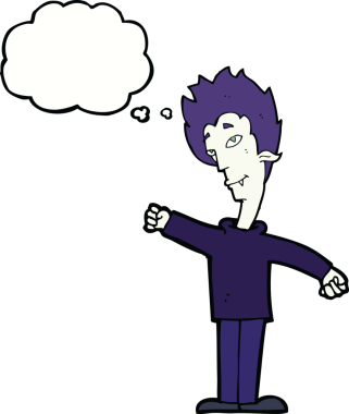 Bir insan tarafından çizilmiş düşünce balonlu vampir adam.