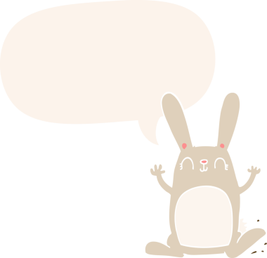 Konuşma baloncuklu çizgi film tavşanı insan tarafından çizilmiş.