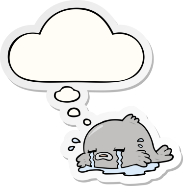 Düşünce baloncuklu ağlayan balık çizgi filmi bir insan tarafından çizilmiş çıkartma gibi.