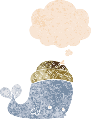 Düşünce baloncuklu şapkalı çizgi film balinası dertli eski moda bir insan tarafından çizilmiş.