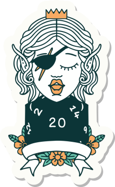 Bir insan tarafından çizilmiş doğal yirmi zarlı düzenbaz bir elf karakterinin çıkartması.