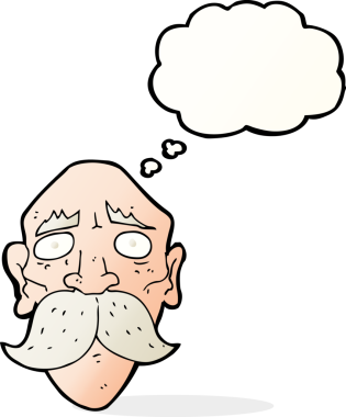 Bir insan tarafından çizilmiş düşünce baloncuğu olan üzgün yaşlı bir adam.