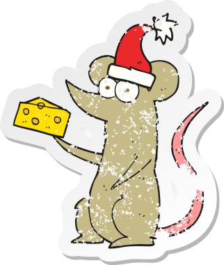 Bir insan tarafından çizilmiş peynirli Noel faresi çizgi filminin kederli retro yapıştırması.