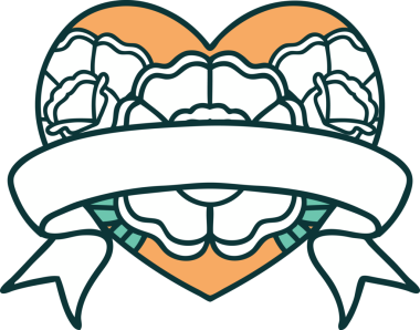 İkonik dövme stili bir kalp ve bir insan tarafından çizilmiş çiçekli pankart.