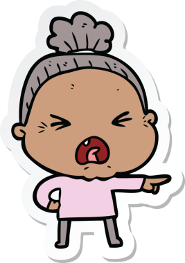 Bir insan tarafından çizilmiş kızgın yaşlı bir kadının çıkartması.