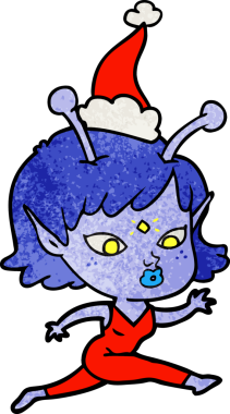 Bir insan tarafından çizilmiş Noel Baba şapkasıyla koşan uzaylı bir kızın güzel el çizimi karikatürü.