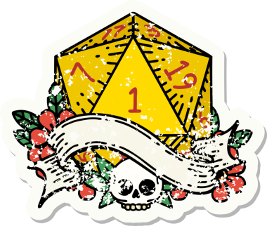 Bir insan tarafından çizilmiş doğal bir d20 zarının grunge çıkartması.