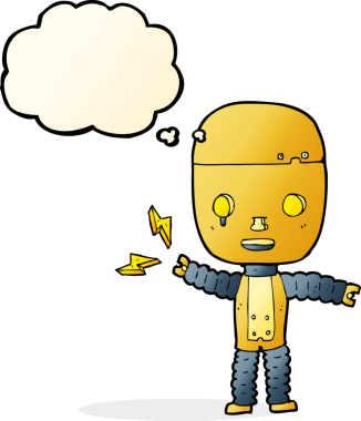 Bir insan tarafından çizilmiş düşünce baloncuklu çizgi film robotu