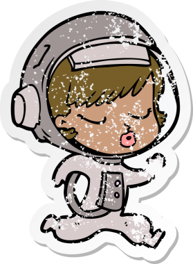 Çizgi film çıkartması. Bir insan tarafından çizilen güzel astronot kız.