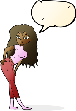 Bir insan tarafından çizilen konuşma baloncuğuna şaşırmış gibi görünen çekici bir kadın.