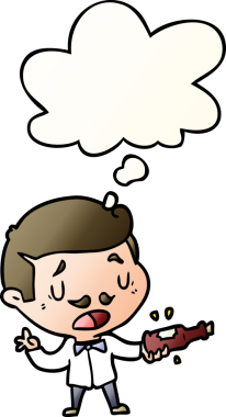 Düşünce baloncuğu olan çizgi film şarap uzmanı bir insan tarafından çizilmiş.