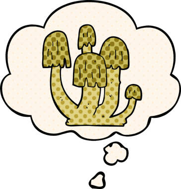 Çizgi roman tarzında bir insan tarafından çizilmiş düşünce baloncuklu mantarlar.