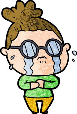 Bir insan tarafından çizilmiş gözlüklü, ağlayan bir kadın.