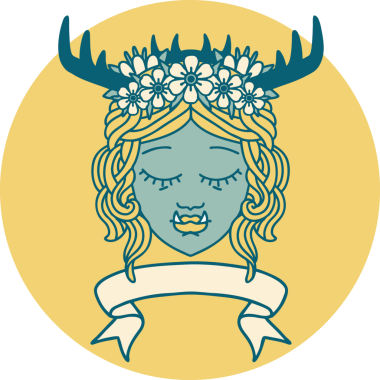 Retro Dövme Biçimli Ork karakteri yüzü bir insan tarafından çizilmiş pankartıyla