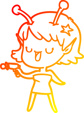 Bir insan tarafından çizilmiş mutlu bir uzaylı kız çizgi filmi.