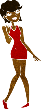 Bir insan tarafından çizilmiş kokteyl elbiseli bir kadın.