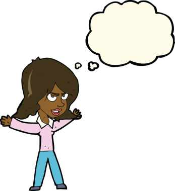 Bir insan tarafından çizilmiş düşünce balonuyla hareket eden karikatür kadın.