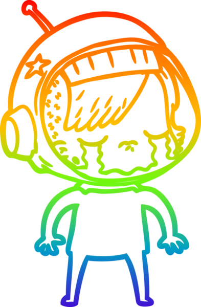 Gökkuşağı gradyan çizgi çizimi bir insan tarafından çizilmiş ağlayan astronot kız