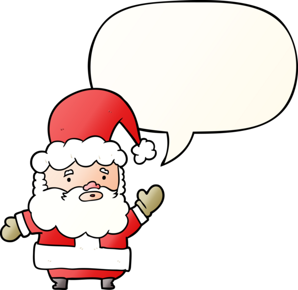 Çizgi film Noel Baba, bir insan tarafından çizilmiş yumuşak eğimli konuşma baloncuğuyla el sallıyor.