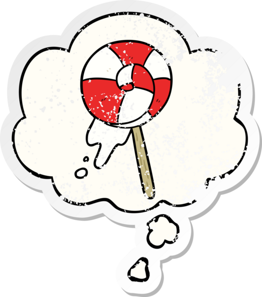 Düşünce baloncuklu çizgi film lolipopu insan tarafından çizilmiş yıpranmış bir çıkartma.