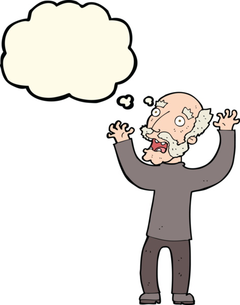 Karikatür, bir insan tarafından çizilmiş düşünce balonlu yaşlı adamı dehşete düşürdü.