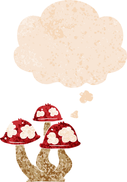 Düşünce baloncuklu karikatür mantarları grunge sıkıntılı retro desen bir insan tarafından çizilmiş