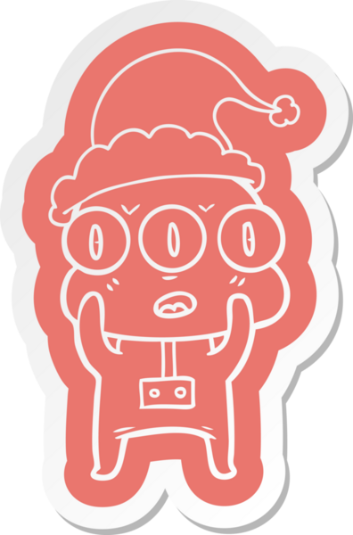 Bir insan tarafından çizilmiş Noel Baba şapkası giyen üç gözlü uzaylının garip karikatür çıkartması.