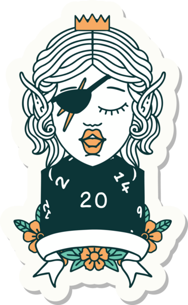 Bir insan tarafından çizilmiş doğal yirmi zarlı düzenbaz bir elf karakterinin çıkartması.