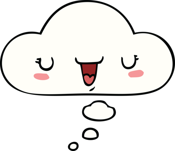 Bir insan tarafından çizilmiş düşünce baloncuklu sevimli mutlu yüz karikatürü.