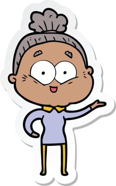 Bir insan tarafından çizilmiş mutlu yaşlı bir kadının çıkartması.