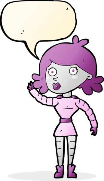 Bir insan tarafından çizilmiş konuşma balonuyla el sallayan robot kadın.