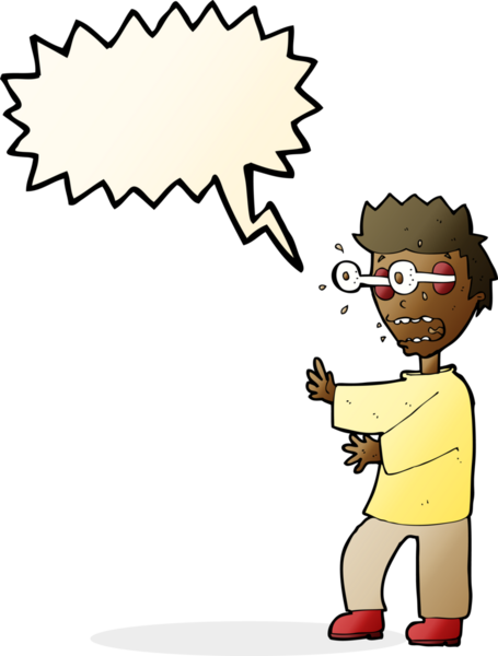 Bir insan tarafından çizilmiş konuşma balonu olan korkmuş çocuk çizgi filmi.