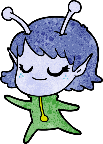 Bir insan tarafından çizilmiş gülümseyen uzaylı kız çizgi filmi.