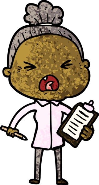 Bir insan tarafından çizilmiş kızgın yaşlı kadın çizgi filmi.