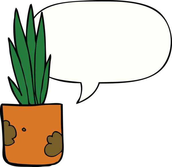 Bir insan tarafından çizilmiş konuşma balonlu karikatür evi bitkisi.