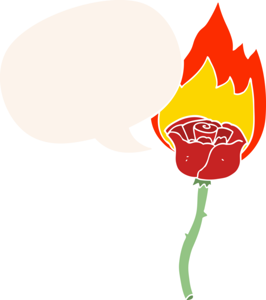 Bir insan tarafından çizilmiş, geçmişe dönük konuşma baloncuğu olan alevli bir gül.