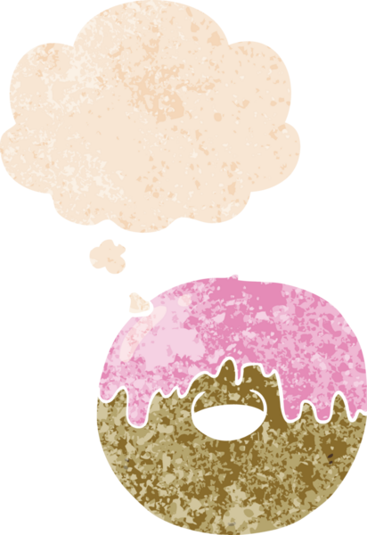 Düşünce baloncuklu çizgi film donutu grunge sıkıntılı retro desenli bir insan tarafından çizilmiş