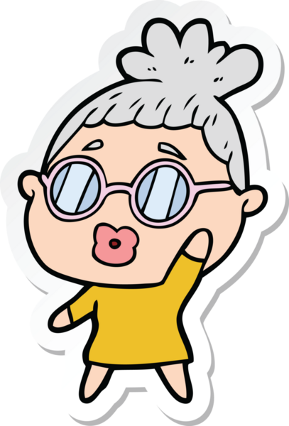 Bir insan tarafından çizilmiş gözlüklü bir karikatür kadının çıkartması.