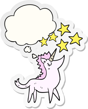 Düşünce baloncuklu tek boynuzlu at bir insan tarafından çizilmiş bir çıkartma.